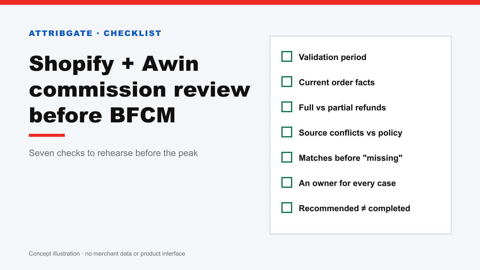 Concept illustration of a seven-item commission review checklist for Shopify + Awin teams before BFCM; no merchant data or product interface shown.